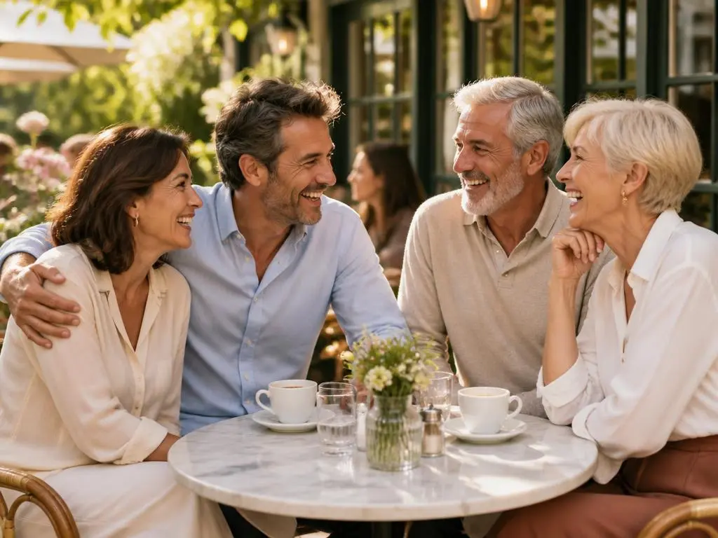 Zwei ältere Paare lachen herzlich beim Kaffee in einem sonnigen Garten-Café