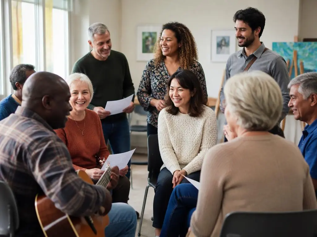 Fröhliche Seniorengruppe beim gemeinsamen Singen in einem hellen Gemeinschaftsraum