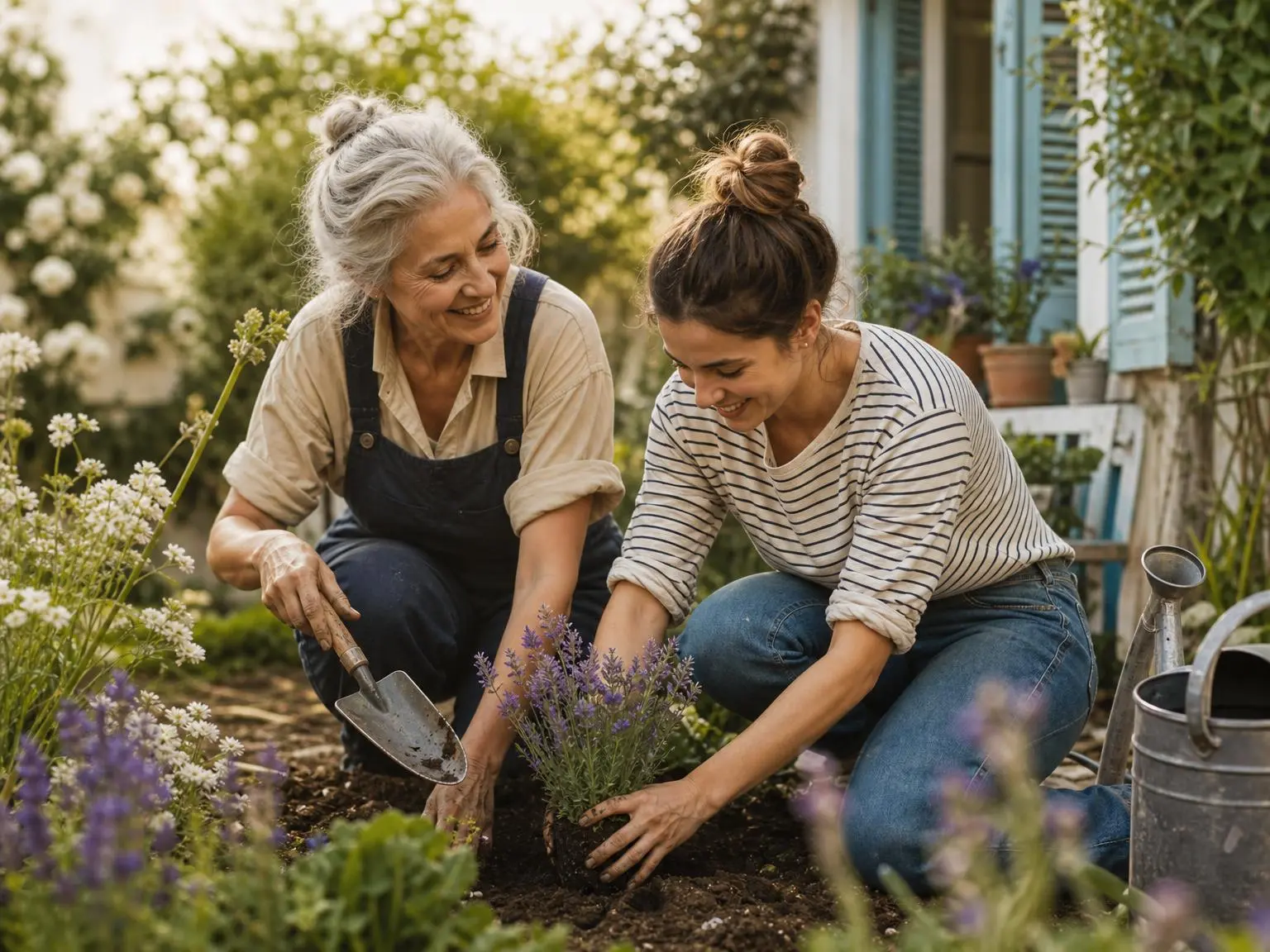 Zwei Frauen unterschiedlichen Alters pflanzen gemeinsam Blumen in einem sonnigen Garten