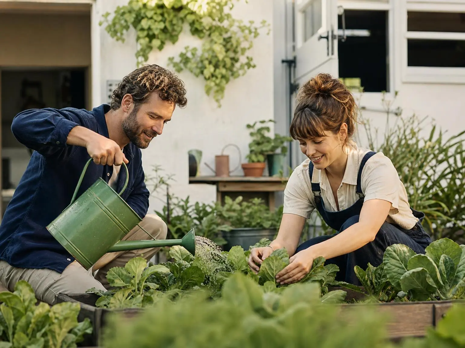 Zwei Menschen gießen und pflegen gemeinsam ein Gemüsebeet im Garten