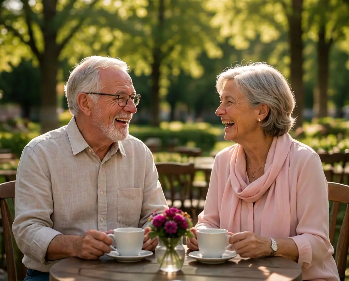 Zwei ältere Menschen lachen gemeinsam im Freien