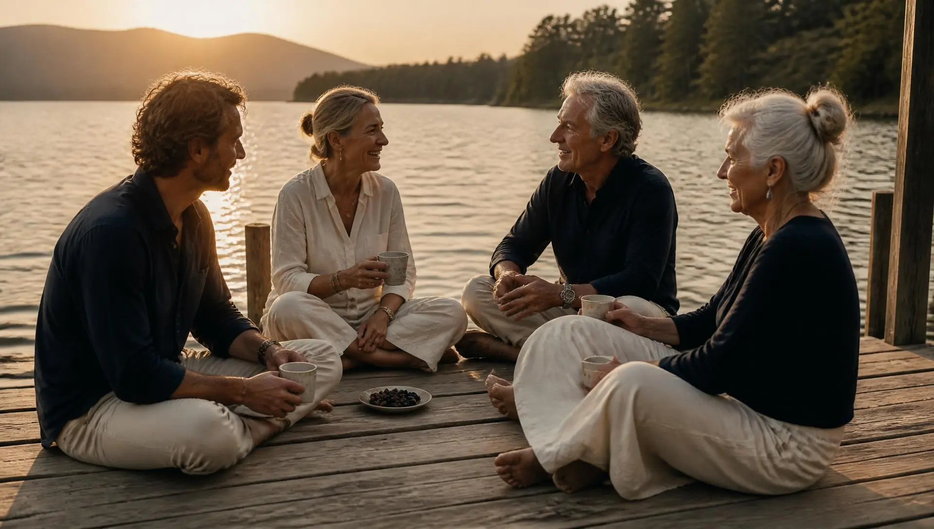 Vier Freunde sitzen bei Sonnenuntergang mit Kaffee und Picknick am See