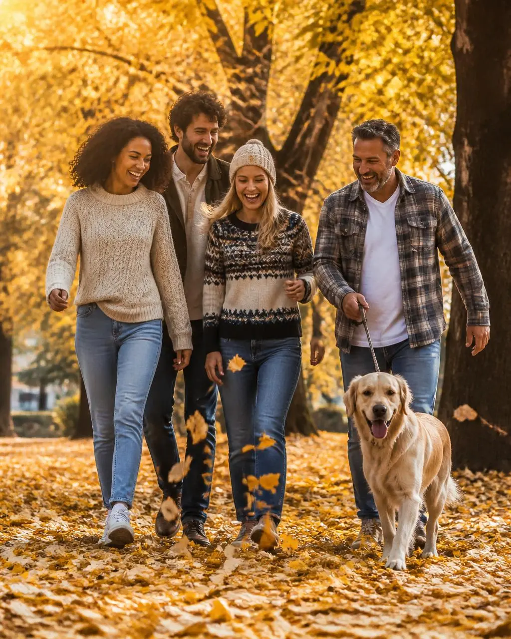 Zwei Menschen gehen über einen herbstlichen Waldweg
