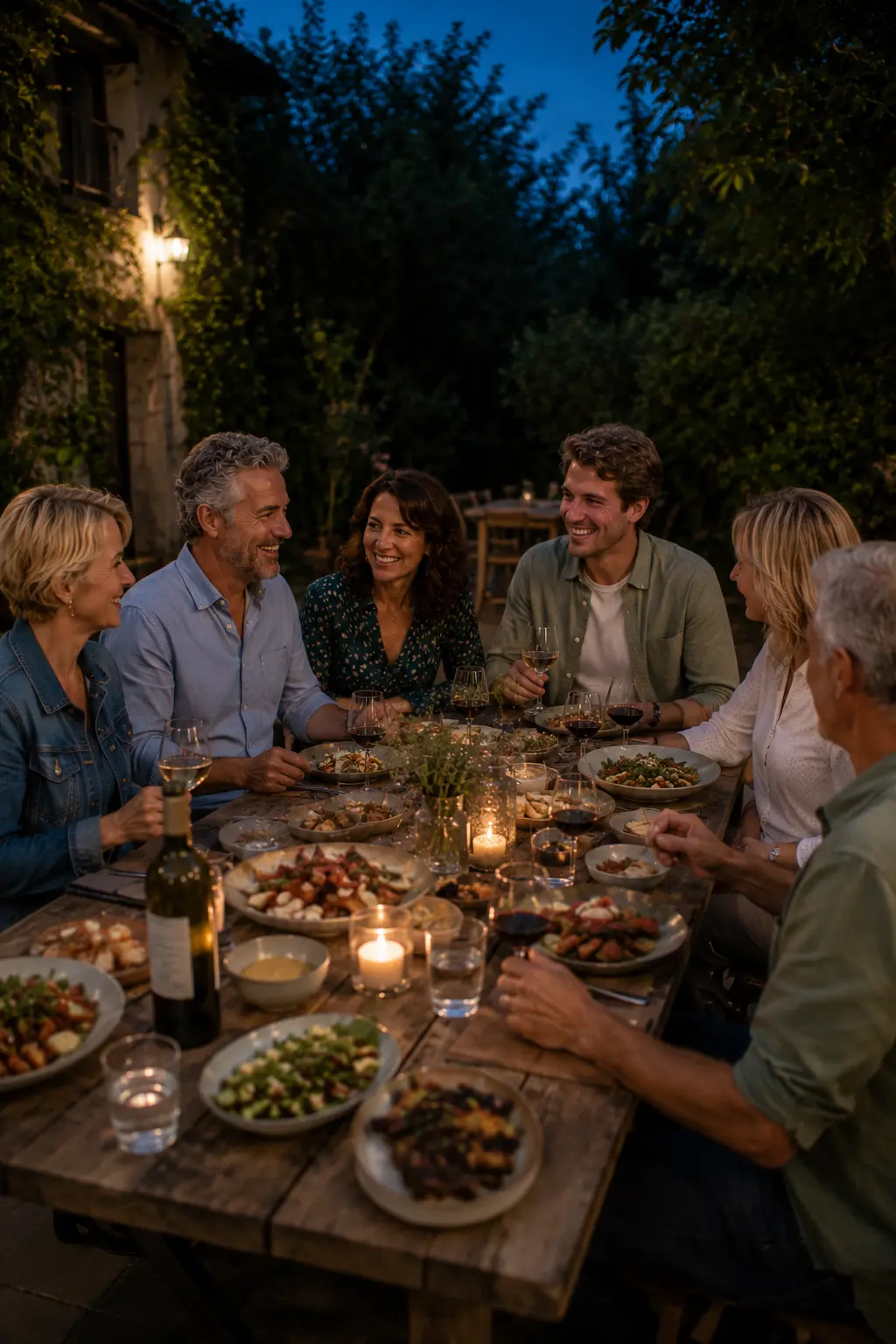 Freunde genießen einen lauen Sommerabend bei Kerzenlicht mit reich gedecktem Tisch