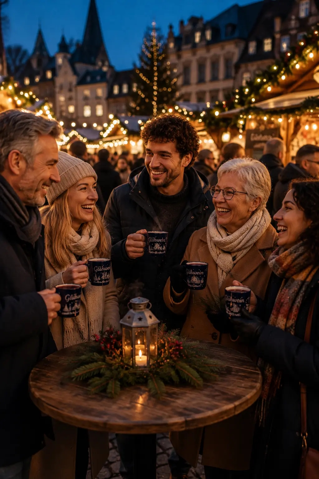 Freunde mit heißen Getränken auf einem Weihnachtsmarkt