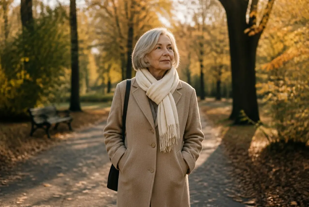 Frau geht allein durch einen herbstlichen Park