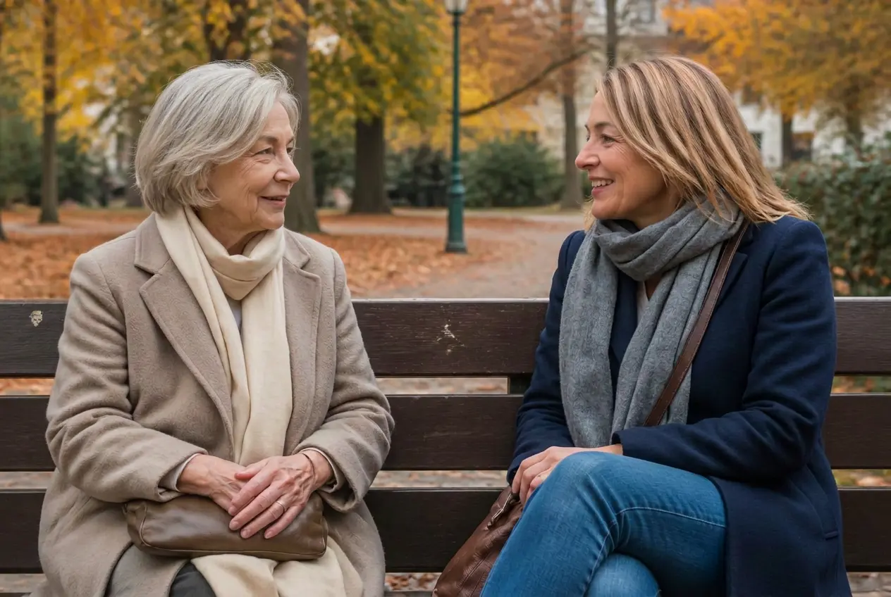 Zwei Frauen im Gespräch auf einer Parkbank