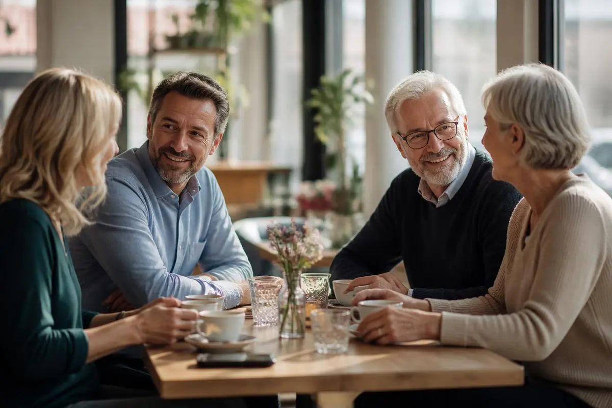 Zwei Paare beim ersten Kennenlernen im Café